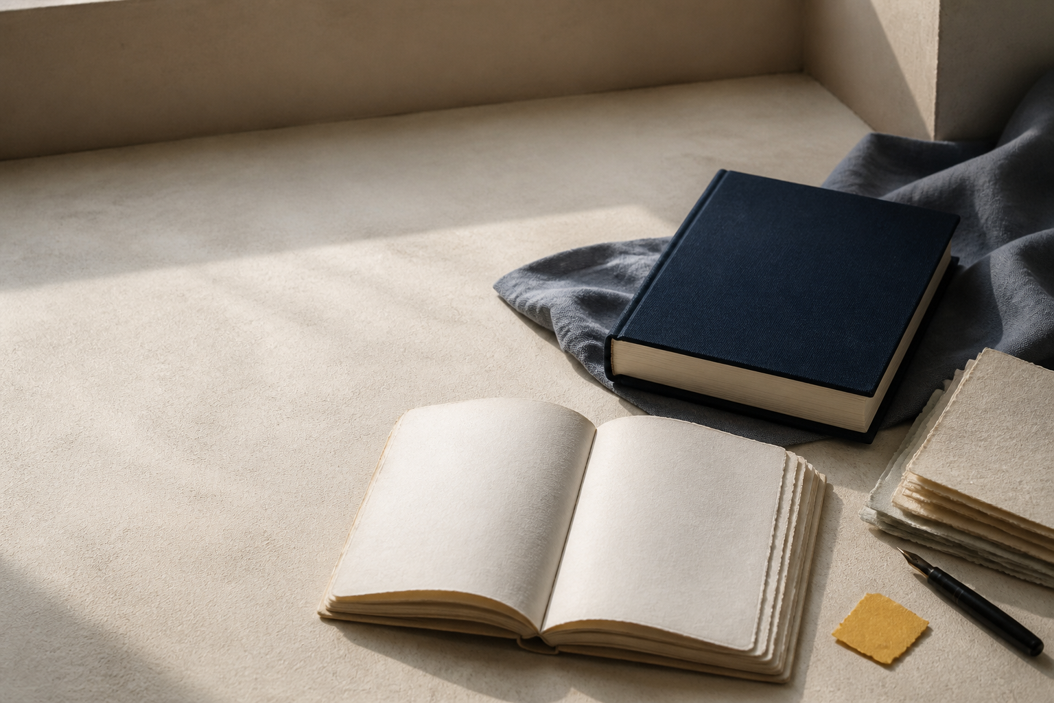 Libro de tela azul marino, cuaderno artesanal y pluma sobre una mesa de estudio